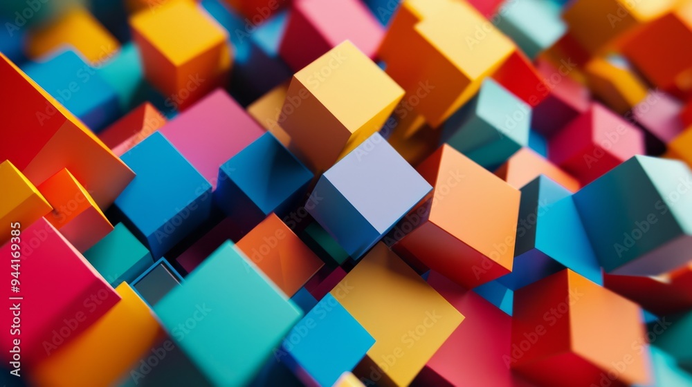 Leinwandbilder Vibrant array of 3D cubes in different shades and angles creating a sense of movement against a solid color background