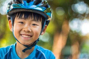 Smiling little boy with bicycle helmet portrait