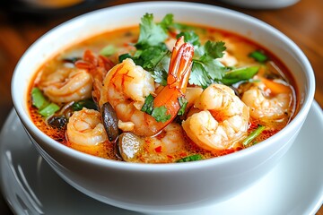 Fototapeta premium A steaming bowl of Tom Yum Goong, with shrimp, mushrooms, and aromatic herbs in a spicy, sour broth