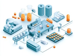 Pharmaceutical industry process with machinery and medication production elements