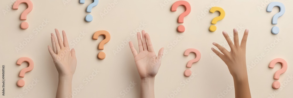 Poster Hands of different ethnicities reaching for question marks. Represents diversity and collaboration.