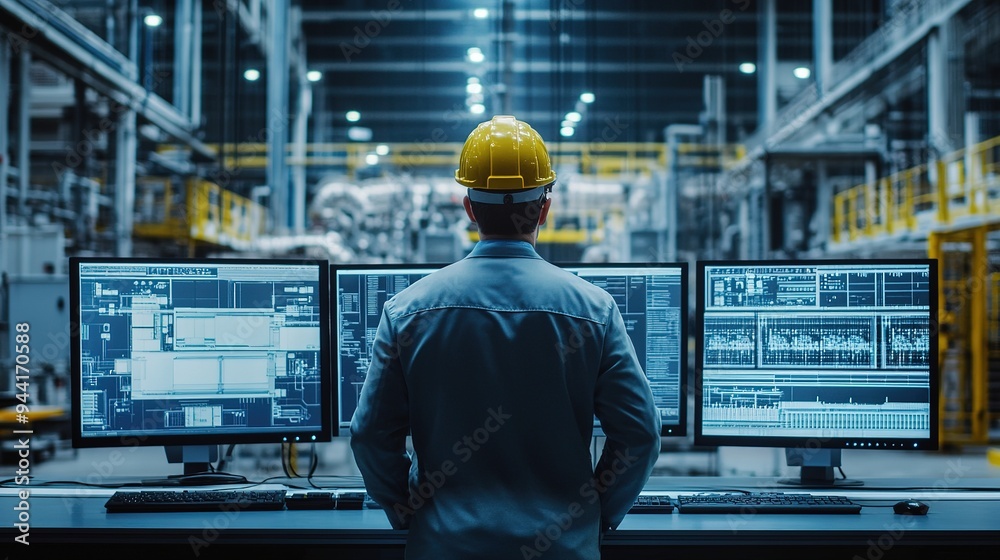 Poster a technical engineer observes the production process through multiple monitors. innovative technolog