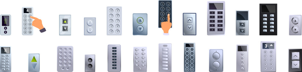 Elevator control panel icons set. Set of cartoon icons of elevator control panels with buttons for selecting floors and directions © nsit0108