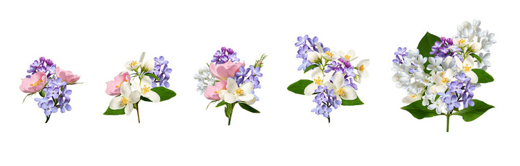 Set of miniature bouquets with lilac, rosehip, jasmine and white lilac flowers isolated on white background. Perfect for creating wedding cards, invitations, floral arrangements, frames.