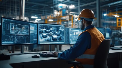 A technical engineer observes the production process through multiple monitors. Innovative technology in the industry. Software for professionals. copy space for text.