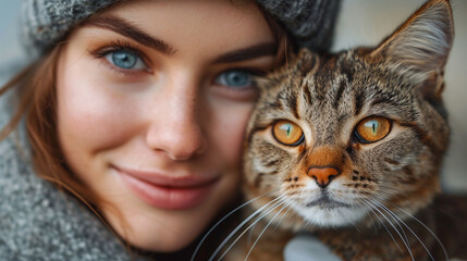 happy young blue eyed woman hugging cute cat