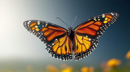 Obraz premium A vibrant butterfly with orange and black wings in flight against a blurred background