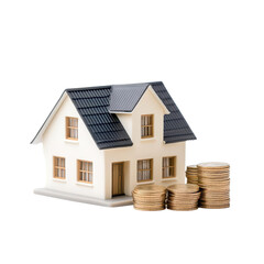 A miniature house model beside stacks of coins, symbolizing investment and wealth in real estate.