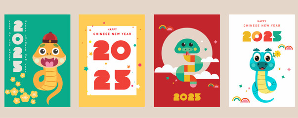 Fototapeta premium Happy New Year 2025, Chinese New Year, Year of the Snake Vector Modern minimalist geometric style Chinese New Year elements. Colorful illustration in flat Vector cartoon style, in geometric patterns