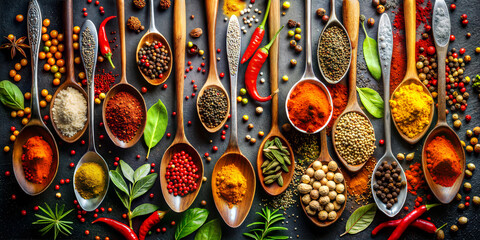 A collection of aromatic oriental spices in special professional cooking spoons, complemented by green aromatic herbs. A dream of a chef, cook, pastry chef and bar. Top view. Dark luxury tabletop.