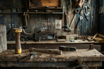 Tools on a rustic work bench in workshop