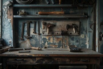Tools on a rustic work bench in workshop