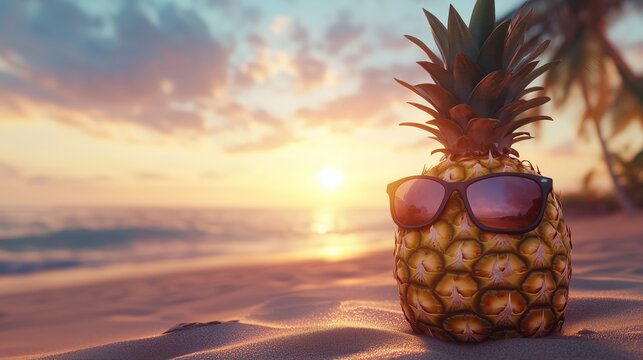 A pineapple wearing sunglasses relaxes on the sandy beach during a vibrant sunset near calm ocean waves