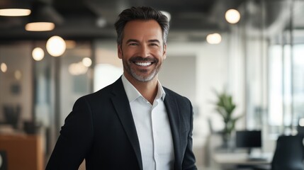 Fototapeta premium Smiling happy successful businessman in his 30s dressed in white shirt and black suit in modern office. Manager at work