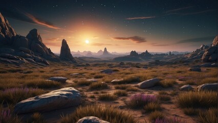 Panoramic wallpaper wonderful landscape meadows and cosmic sky