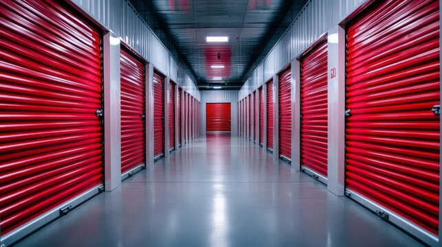 A long corridor lined with closed storage units