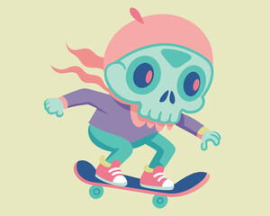 Skull Riding a Skateboard illustration on solid background