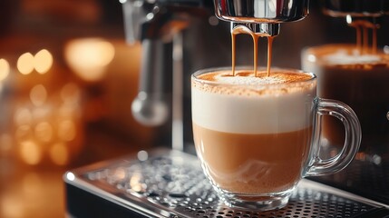 Fototapeta premium The coffee machine pours freshly brewed coffee with thick foam into a glass mug. Cheer up in the morning. An aromatic hot beverage. copy space for text.