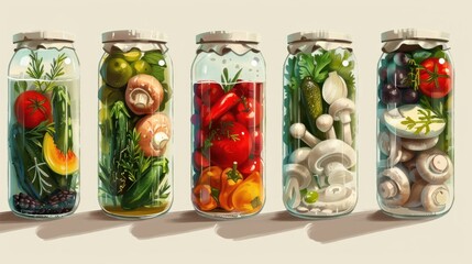 Various kinds preserves vegetables and mushrooms in glass jars. 