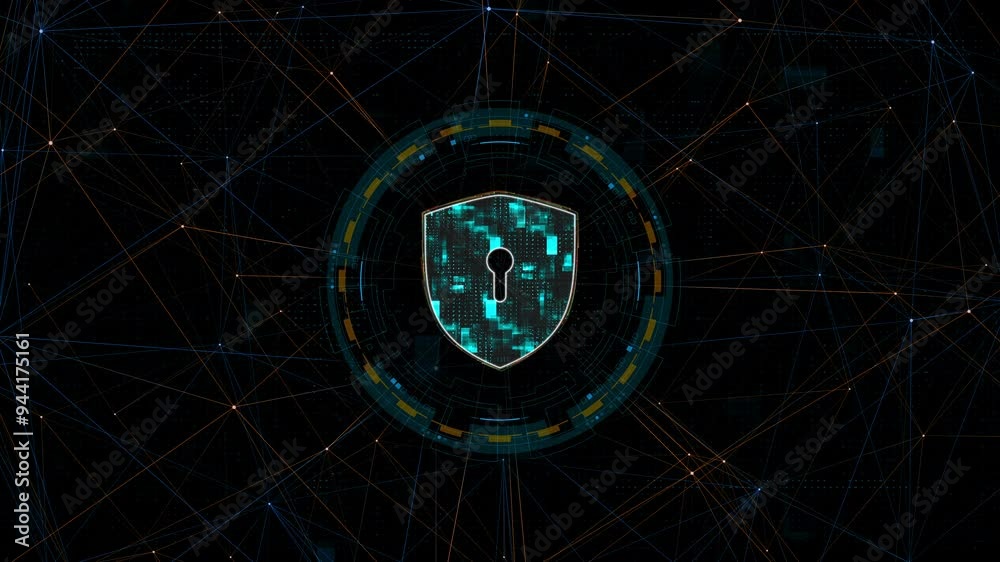 Poster motion graphic of blue digital security shield logo with circle futuristic hud elements and orange l