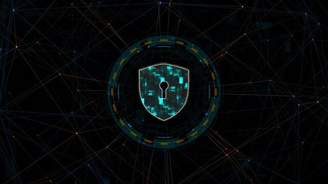 Motion graphic of Blue digital security shield logo with circle futuristic HUD elements and orange line connection with network firewall technology and data secure concepts abstract background