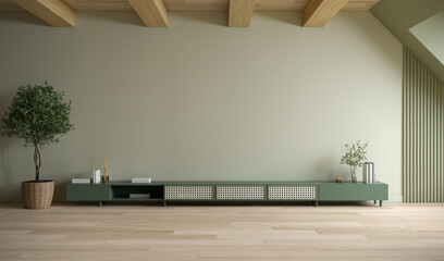 TV cabinets & wall mount units design ,mid century A stylish and cozy relaxing room , soft green wall mockup  and dark green cabinate ,3d render