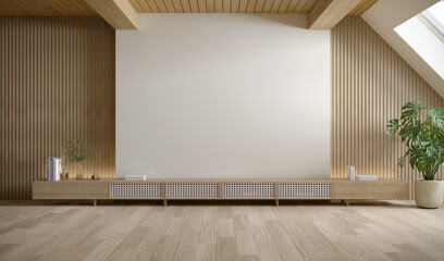 Wall Mounted TV cabinet ,mid century A stylish and cozy relaxing room under the roof, soft green wall mockup  and wood floor on ,3d render