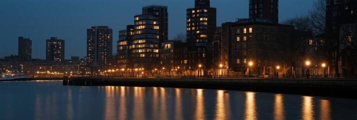 A calm riverside cityscape scene photographed at nighttime with buildings reflecting light on the water.