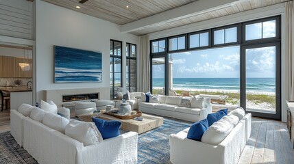 Luxury coastal living room with ocean view, large windows, and contemporary decor in bright daylight.