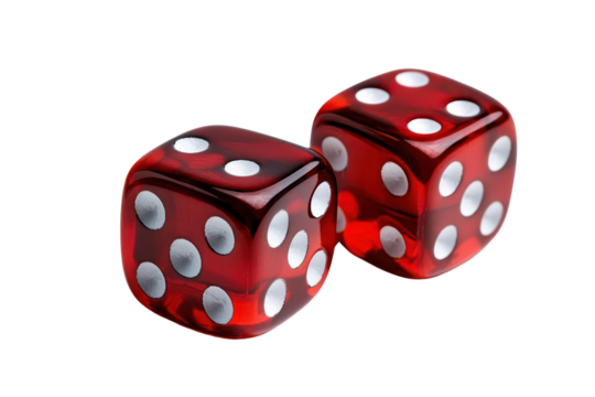 A pair of vibrant red dice with white dots, perfect for games or as a striking decorative piece.