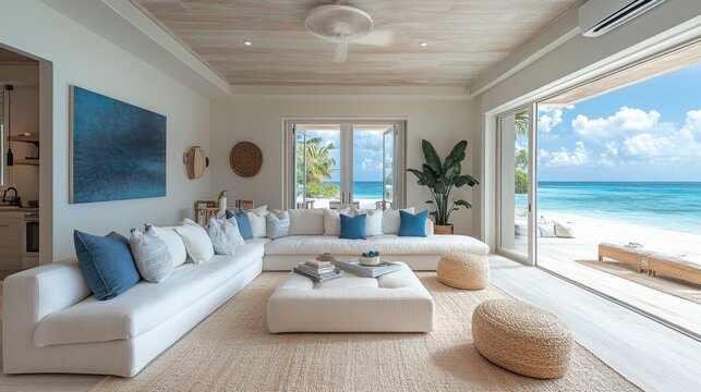 Modern living room with open view to tropical beach and ocean. elegant, bright coastal interior design.