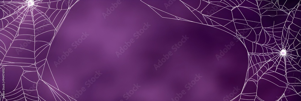 Wall mural a purple background with white spider webs hanging from the top and bottom corners, creating an eeri