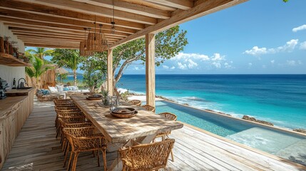 Luxurious beachfront patio with ocean views, rustic wooden dining table, and infinity pool under blue sky