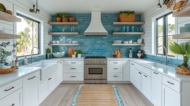Bright modern kitchen with blue backsplash and open shelves featuring plants and kitchenware.