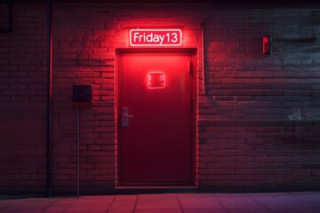 Mysterious Red Neon Sign Above Doorway Marking Friday the 13th on a Dark Night