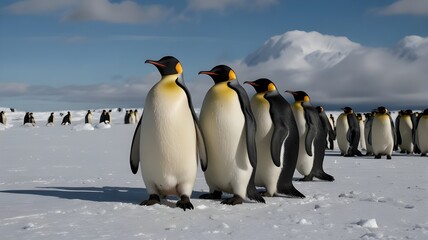 Fototapeta premium A group of Emperor penguins standing on a vast, icy landscape, scene evokes a sense of peace and tranquility. 