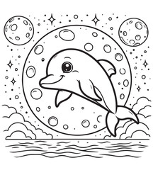 Dolphin and moon coloring book page design