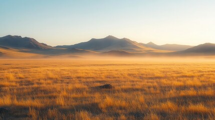 Obraz premium A vast grassy plain stretches towards a distant mountain range at dawn