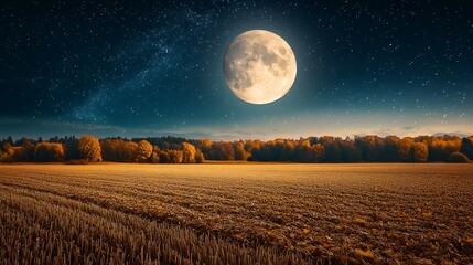 Fototapeta premium Full Moon Serenity: A breathtaking panorama of a golden field bathed in the ethereal glow of a full moon, with a starry sky above, evoking a sense of tranquility and wonder. 