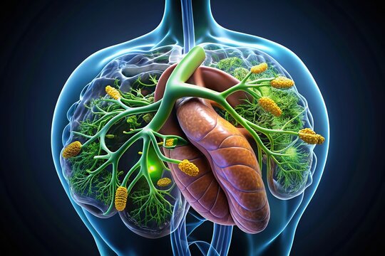 Microscopic illustration of bile ducts, delicate tubes transporting bile from liver and gallbladder to small intestine, highlighted in 3D rendering against a dark background.