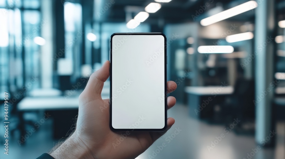 Poster hand holding a smartphone with a blank screen in an office setting with bright lighting. represents 