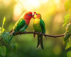 A pair of colorful lovebirds perched together on a branch, showcasing vibrant plumage and a tender moment in nature.