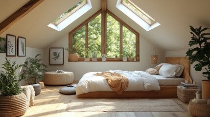 Sunlit bedroom with indoor plants, natural decor, and skylights creating a peaceful atmosphere.