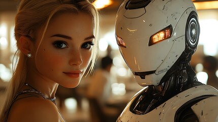 Fototapeta premium A beautiful woman with blonde hair stands in the foreground, looking at the camera, with a futuristic robot behind her. The robot's head is partially visible, 