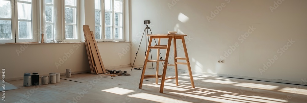 Wall mural a bright room prepped for renovation featuring a ladder and painting supplies, it symbolizes transit