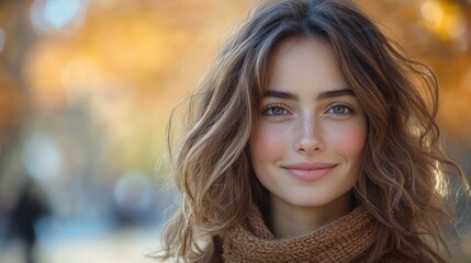 Obraz premium A woman with brown hair and a scarf on her neck is smiling