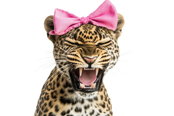 Obraz premium A leopard with a pink bow hilariously yawns, displaying its full set of teeth and vibrant spotted fur in a fun pose. Transparent background PNG