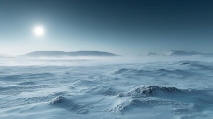 Obraz premium A desolate snow-covered landscape stretches out under a bright sun