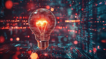 A brightly lit idea bulb floating amidst a backdrop of complex digital networks and binary code, representing the spark of innovation in artificial intelligence and machine learning, the surrounding
