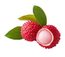 Bright red lychee fruit with green leaves showcases its textured skin and juicy flesh, perfect for culinary uses and decoration. Transparent background PNG